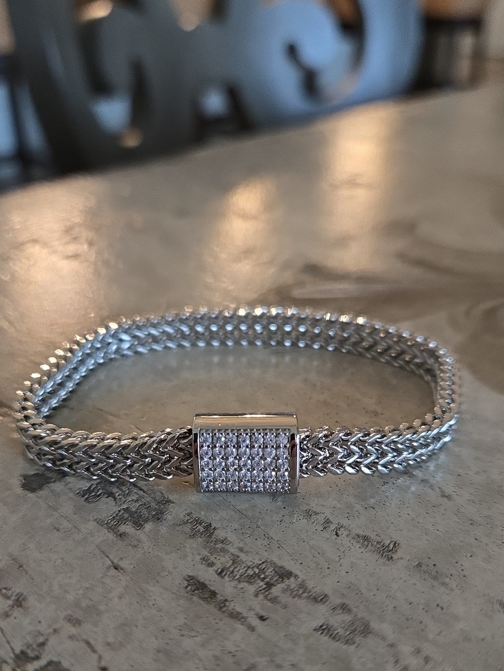 Silver Chain Bracelet w/Silver Center Station and Genuine CZ Pave Accents, NEW